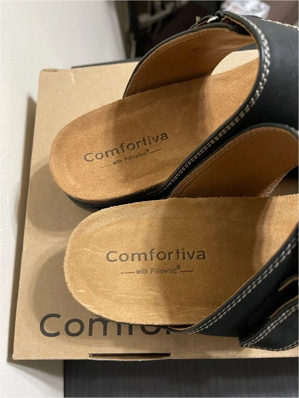 Comfortiva Black Leather Adjustable Strap Sandals with Cushioned Footbed